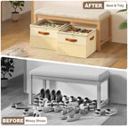 Shoe Organizer for Closet,2 Pack Foldable Shoe Storage Organizer Box Bin with Adjustable Dividers and Clear Cover, Fits up to 16-32 Pairs（Beige） - Image 5