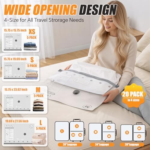Travel Vacuum Bags with Rechargeable Pump, 20 Pack Compression Packing Bags with 35KPA Electric Pump, 90% Space Saver for Clothes, Vacuum Seal Bags fo Carry-on Luggage Suitcase - Image 3
