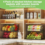 4 Pack Stackable Wire Baskets for Pantry Organizers and Storage, Pantry Baskets with Fixed Wooden Top, Fruit and Vegetable Storage Bins for Organizing Onion Potato Snack for Kitchen Cabinet/Countertop - Image 5