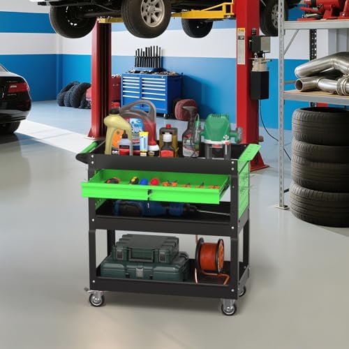 3 Tray Rolling Tool Cart with Drawers, 400 LBS Capacity Mechanic Tool Cart on Wheels, Heavy Duty Utility Cart with Pegboard, Metal Work Cart for Garage and Repair Shop, Blackgreen - Image 2