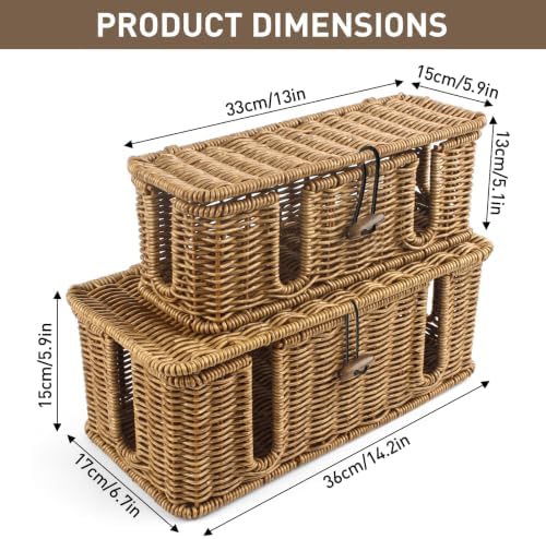 2 Pcs Large Rattan Cable Management Box, Cord Organizer Box with Lid Under Desk Router Wire Hider Storage Boxes with 4 Exits for TV Wires Computer Surge Protector USB Hub Power Strip, 14.2×6.7×5.9" - Image 2