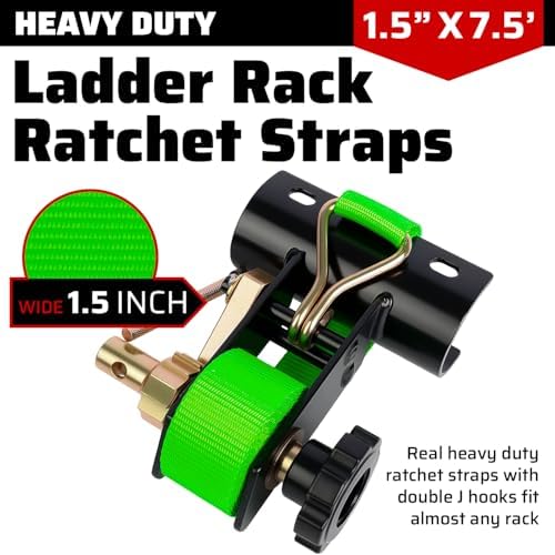 Green Rack Straps with J-Hook (2PK),1.5" x7.5' Ladder Rack Ratchet Straps, 2" Round Tube Mount, Perfect Ladder Rack Tie-Downs for Trailer Cargo Control - Image 4