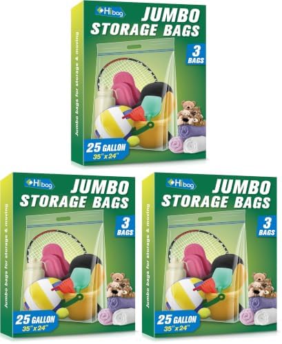 HIBAG 25 Gallon Jumbo Storage Bags, 35” x 24” Resealable Clear Bags with Handle, Extra Large XL Heavy Duty for Clothes Pillow Travel Moving, Pack of 9 by HIBAG