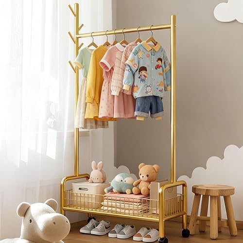 MYUPDALIN Rolling Metal Clothes Rack with Shelves & Storage Basket, Gold - Image 7