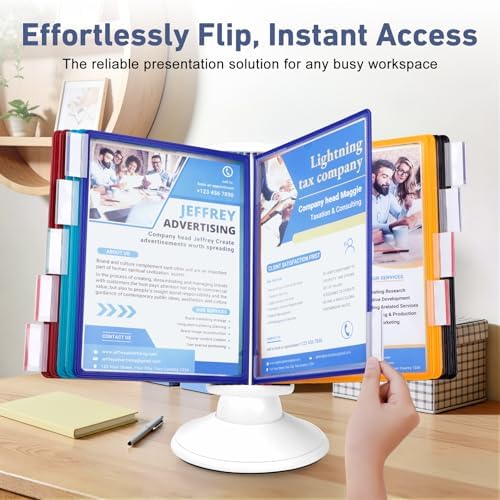 10-Pocket Desk Reference Organizer with 360° Swivel Base & 10 Double-Sided Panels Holds 20 Sheets A4/Letter Size Paper, Fast Flip & Find Desktop Reference System with Colored Index Tabs, White - Image 4