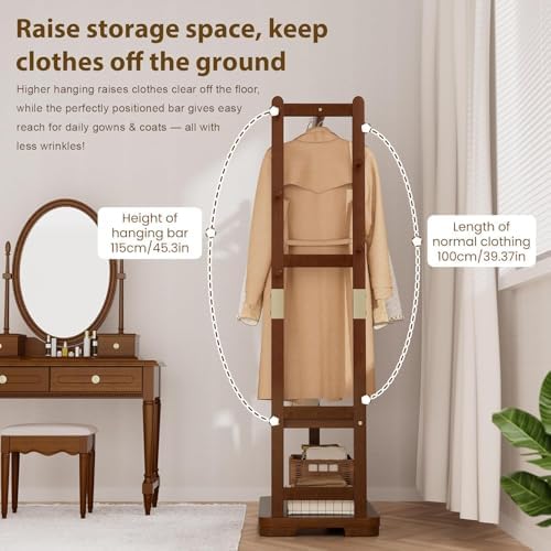 Taitiy Coat Rack Solid Wood Clothes Rack Storage 2 Shelves 5 Hooks - Image 6