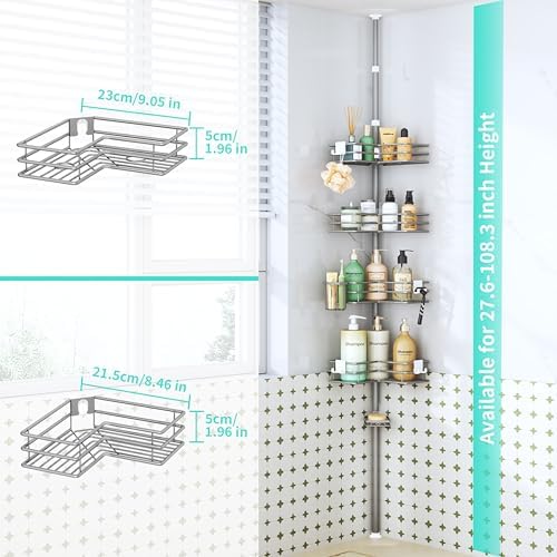 HapiRm Corner Shower Caddy Organizer - Shower Organizer Corner with Soap Holder, Toothbrush Holder and 4 Hooks, Rustproof Bathroom Shelf Tension Pole Available for 27.6 to 108.3 Inch - Silver - Image 4