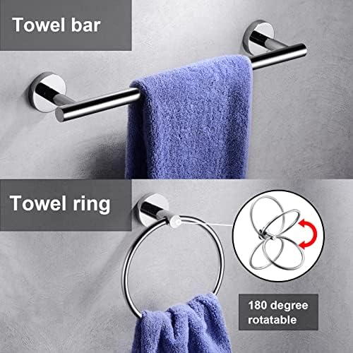 6 Pieces Polished Chrome Bathroom Hardware Accessories Set Hand Towel Ring 16&23.6 inch Round Towel Bar Toilet Paper Holder Towel Hooks 2 Pieces SUS 304 Stainless Steel,Heavy Duty,Wall Mounted - Image 5