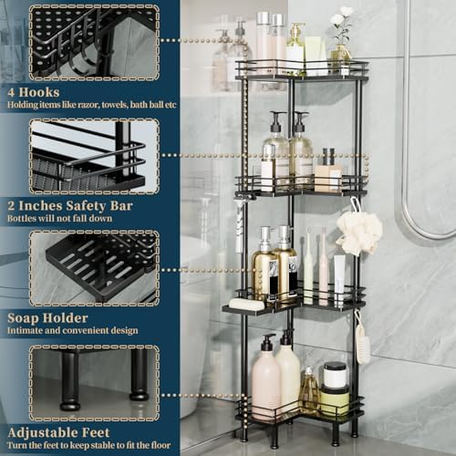 Consumest Corner Shower Caddy Standing - 4-Tier Stainless Steel Shower Organizer with Soap Holder and 4 Hooks, Large Capacity Corner Shelf Stand for Bathroom, Rest Room, Black - Image 3