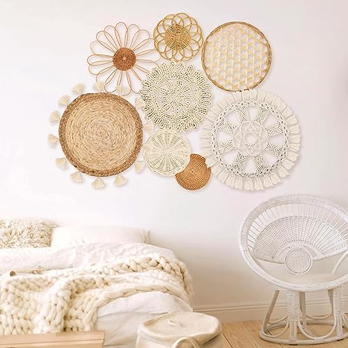 Boho Wall Basket Decor Set of 8 - Flat Woven Basket Wall Hanging Decor,Round Tassels White Macrame Tapestry Wall Decor Art,Handmade Rattan Wicker Seagrass Home Wall Baskets Decor（Boho Classic) - Image 4