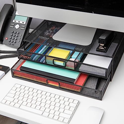 Mind Reader Monitor Stand, Ventilated Laptop Riser, Storage Drawer, Office, Metal Mesh, Black - Image 6
