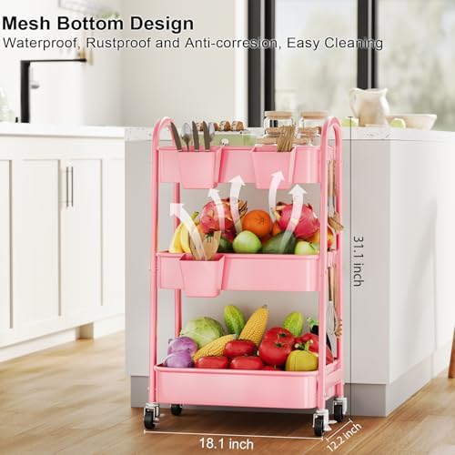 3 Tier Rolling Storage Cart Metal with Wheels,Pink Three Tiered Craft Carts - Image 5