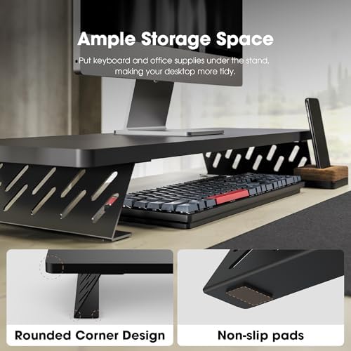 Fenge Monitor Stand Riser, Wooden & Metal Desk Shelf Organizer, Black - Image 6