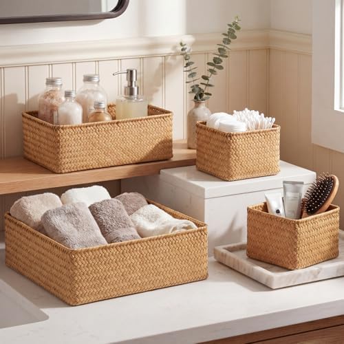 SiliFine Seagrass Bathroom Woven Storage Basket Set of 4, Natural Color by SiliFine