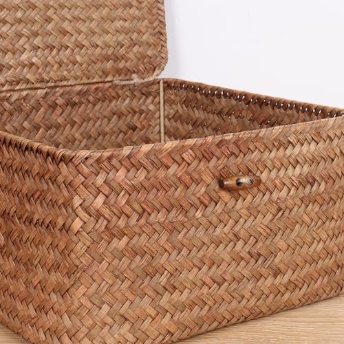 Moosky Wicker Shelf Baskets with Lid, Handwoven Seagrass Storage Basket Bins Square Gift Boxes for Shelves Home Decor Organizer (Coffee, Set of 4) - Image 5