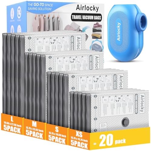 Travel Vacuum Bags with Rechargeable Pump, 20 Pack Compression Packing Bags with 35KPA Electric Pump, 90% Space Saver for Clothes, Vacuum Seal Bags fo Carry-on Luggage Suitcase by Unknown