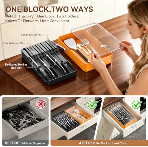 MAD SHARK 2-in-1 Knife Drawer Organizer, Silverware Organizer with Lid - Image 2