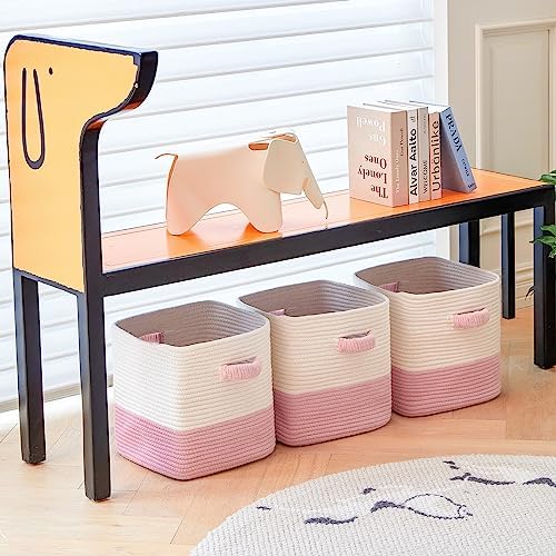 R RUNKA Storage Cube Baskets for Organizing 11 inch-3 Pack- Square Baskets for Cube Storage, Closet Storage Bins - Woven Cube Storage Bins for Shelves- Cube Drawer- Ideal for Toy Storage White & Pink - Image 6