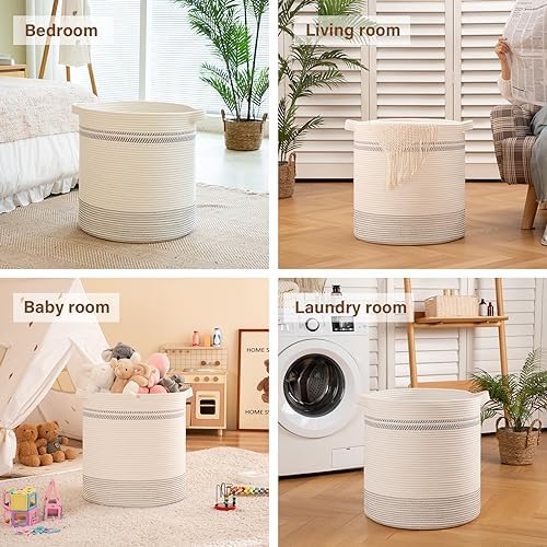 OIAHOMY 80L Laundry Basket, Laundry Hamper, Cotton Rope Storage Basket with Handles, Decorative Woven Basket for Living Room,Storage Baskets for Clothes, Blankets, and Toys -20''×18'', White&Gray - Image 5