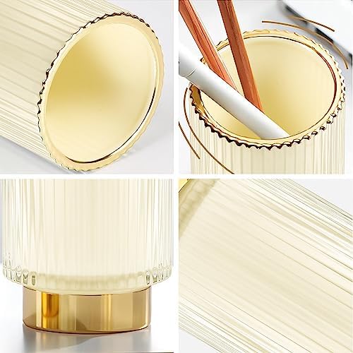 DASITON Makeup Brush holder Organizer,Crystal Cosmetic Makeup Brush Glass Brushes Storage Holder, Vintage Make Up Brush Cup Pen Pencil Holder striped vase(Cream S+L) - Image 5