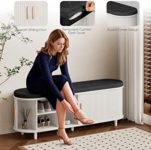DHH 2-Tier Storage Bench,Wide Shoe Bench with Thickened Padded Seat Cushion, Mid Century Modern Fluted Sliding Door and Adjustable Shelf, for Entryway, Living Room, Bedroom (Grayish White, 51.2”) - Image 5