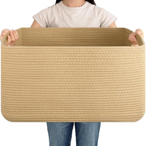 OIAHOMY 75L Large Blanket Basket Woven Storage Basket with Handle Yellow by MasterofSpaceOptimization