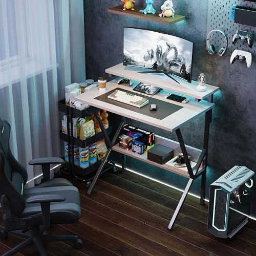 COTUBLR Small Desk, Small Computer Desk for Spaces, 27.5 Inch Computer Desk with Adjustable Monitor Stand, Compact Desk with Storage for Bedroom Home Office, White Tabletop+Black Frame - Image 7