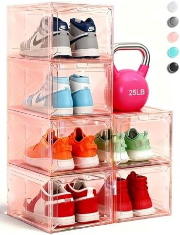 Stackable Clear Pink Shoe Boxes 6 Pack with Magnetic Door, Drop Front Sneaker Storage Organizer for Closet, Large Transparent Plastic Shoe Storage Containers by Fraphil