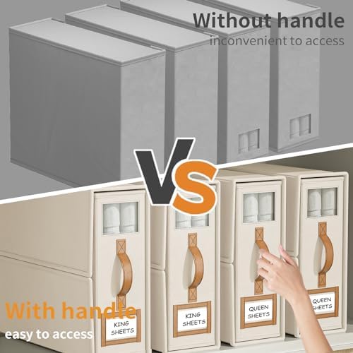 4 Pack Foldable Bed Sheets Set Organizers and Storage(King & Queen Size),Linen Fabric Closet Organizers with Window,Folding Bedding Storage Box for Bedsheets and Pillow Cube Organizer-Beige - Image 3
