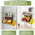 Wawocs Magnetic Shelf for Fridge with Wood Lid, 2 Tier Fruit Baskets Wall Mounted Hanging Basket with 4 Hanger Hooks, Potato and Onion Magnetic Storage Bins for Kitchen Counter, Refrigerator, Cabinet - Image 6