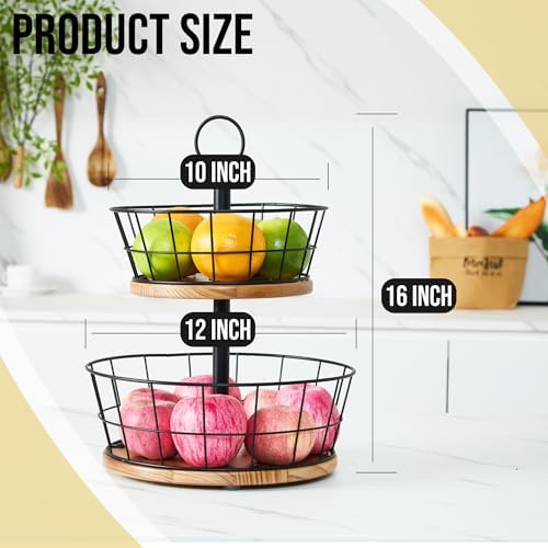 WILDMOS 2 Tier Fruit Bowl - Sturdy Iron Wire Fruit Basket with Real Wood Base, 12 Inch Large Fruit Basket for Kitchen Counter, Anti-Slip Silicone Pads, 2 Tier Fruit and Vegetable Storage Solution - Image 5