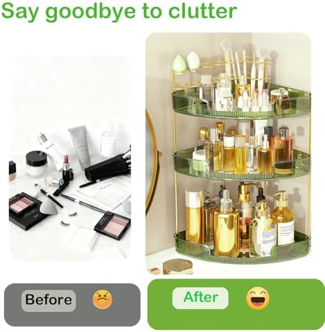 FELIZHOUSE 3-Tier Makeup Organizer for Vanity & Bathroom Countertop – Acrylic Storage Shelf with Perfume Tray & Makeup Brush Holder, Tool-Free Installation, Design for Bathroom & Dresser - Green - Image 3