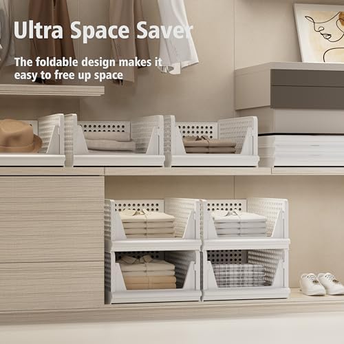 Proarea 5 Pack Stackable Storage Bins, Closet Organizers and Storage, Foldable Closet Organizer Baskets for Clothes, Plastic Drawer Bins for Closet Organization, Wardrobe Shelf, Laundry Room, White - Image 2