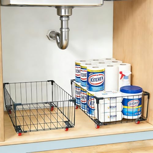 2Pack, Under Sink Organizer,Cabinet Organizers and Storage, Metal Storage Basket,Large capacity, Can Hold 40-70 Liters, Easily Push And Pull, Convenient For Cleaning Under Sink by Airhercs