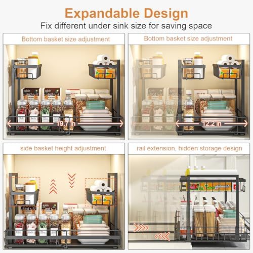 Under Sink Organizer, 1 Pack 2-Tier Expandable Pull Out Storage with Ball-Bearing Slides, Height Adjustable for Kitchen Bathroom Cabinet, Black - Image 5