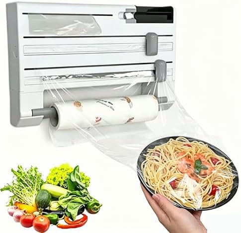 6-in-1 Wall Mounted Plastic Wrap&Foil Dispenser with Cutter–PP Kitchen Organizer w/Paper Towel, Tape, Bag&Small Tray, No Drill/Screw Mount White-Aluminum Foil Rack Organizer&Organizer Foil Cling Wrap by Unknown