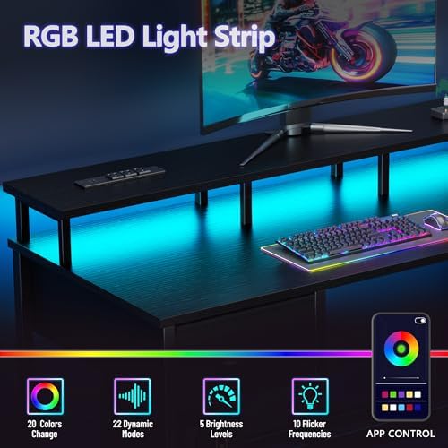 Korfile 61 Inch Gaming Computer Desk with Power Outlets,LED,5 Drawers,Black - Image 4