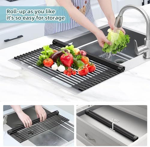 Ohuhu Sink Drying Rack, 20.5" W x 16.1" L Over Sink Roll-Up Dish Drainer - Rolling Foldable Accessories Heat-Resistant Mat Anti-Slip Silicone Coated Multipurpose for Kitchen Counter - Image 6