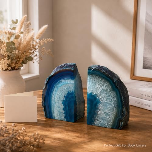 AMOYSTONE Teal Agate Bookends, Decorative Sturdy Book Ends for Study Shelf - Image 5