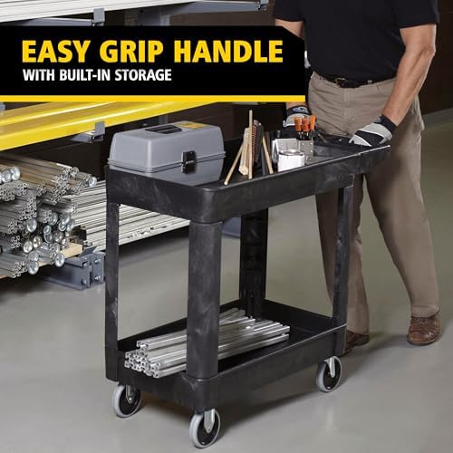 Rubbermaid Commercial Products 2-Shelf Utility/Service Cart, Small, Lipped Shelves, Storage Handle, 500 lbs. Capacity, for Warehouse/Garage/Cleaning/Manufacturing - Image 2