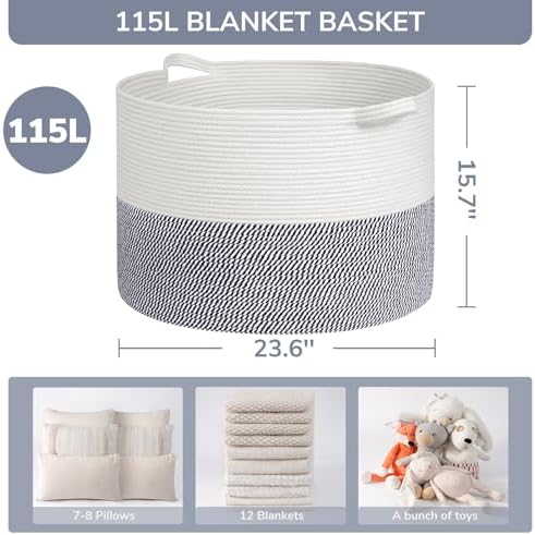 INDRESSME 115L Extra Large Woven Rope Blanket Basket Living Room, Navy - Image 2