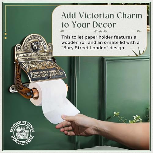 Renovators Supply Manufacturing Antique Brass Wall Mount Toilet Tissue Paper Holder 6.9" Wide Victorian Style Rust Resistant Solid Brass Bathroom Toilet Sanitary Paper Roll Holder Storage with Lid - Image 5
