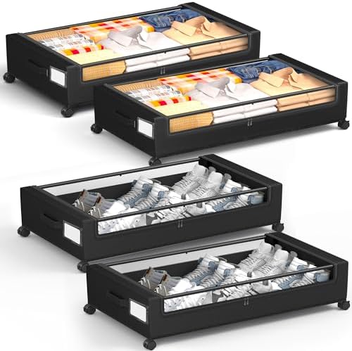 Under Bed Storage with Wheels, Square Under Bed Storage Containers, 4 Pack Under The Bed Storage Bins, 60L Under Organizer with Clear Lids, Rolling Underbed Storage For Clothes, Shoes... by YEEBONIX-UnderBedStorage