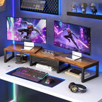 Desk Organizers and Accessories, Dual Monitor Stand Riser with Drawer, Computer Monitor Stand, Adjustable Desk Shelf for PC Laptop Printer TV, Brown - Image 7