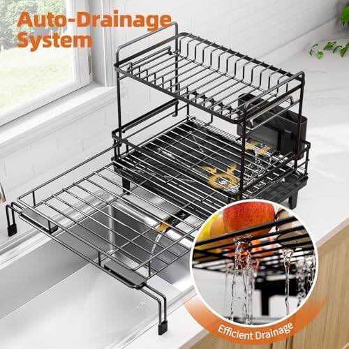Urackify Expandable Sink Dish Drying Rack for Kitchen Counter, 2-Tier Black - Image 7