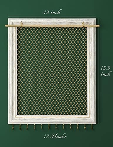 Heesch Hanging Earring Organizer Frame Wall Mounted Jewelry Holder Vintage Rustic Stud Earring Display with Removable Rod and 12 Hooks for Necklaces, Bracelets and Rings (Distressed White) - Image 5