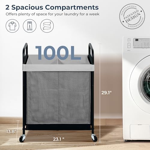 STO STO Laundry Hamper 2 Section, 100L Rolling Laundry Sorter Cart with Removable and Washable Liner Bag, Clothes Hamper with Wheels and Metal Handle for Laundry Room and Bedroom, Gray - Image 6