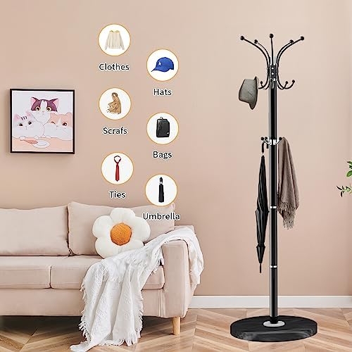 ZOZOE Metal Coat Rack Stand, Modern Coat Rack Freestanding with Natural Marble Base, 360° Rotary Design Coat Racks with 14 Hooks, Black Coat Tree Hanger Stand for Bags, Hats, Entryway, Office - Image 6