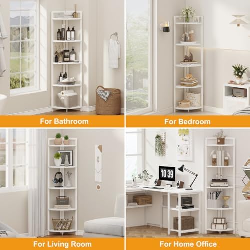FATORRI Tall Corner Shelf, 5 Tier Modern Corner Bookshelf Stand, Wood and Metal Corner Plant Bookcase for Living Room, Home Office (White Oak) - Image 4