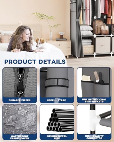 Mavivegue Portable Closet Wardrobe, Clothes Organizer with 4 Hanging Rods, Non-Woven Fabric Cover, Large Capacity Storage for Bedroom and Living Room,Gray - Image 3